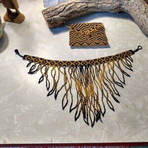 Vintage Beaded Fringe Choker Collar Necklace & Beaded Envelope Coin Purse